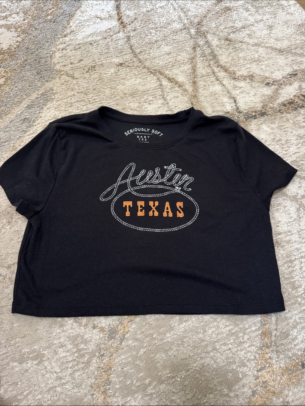 Aeropostale Black Crop Top with Orange "Texas" Graphic